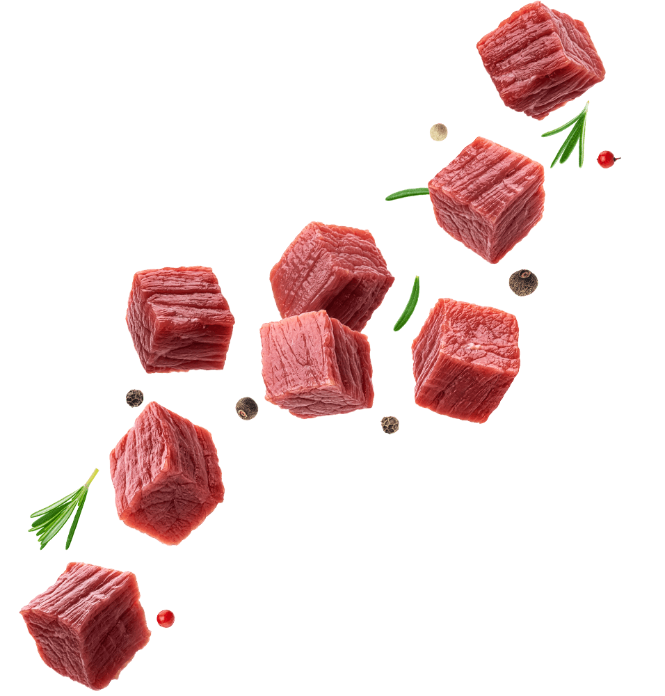 Gewürfeltes rotes Fleisch mit Gewürzen fliegt durch die Luft